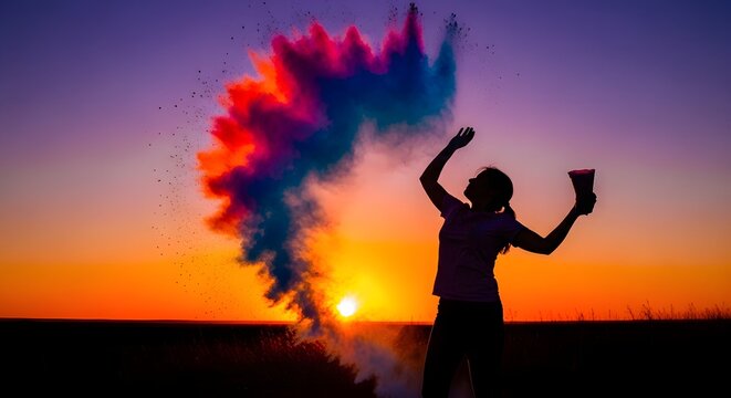 Silhouette of a joyful woman throwing a colorful explosion of holi powder against a vibrant sunset sky.