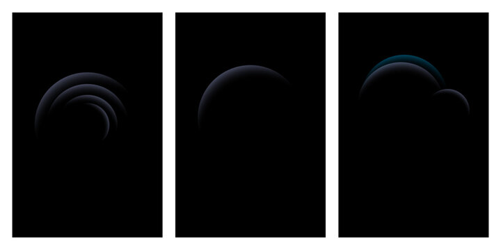 Abstract minimalist set of dark posters with glowing circular arc elements for branding.
