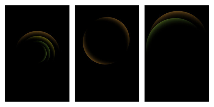 Set of modern dark abstract posters featuring glowing golden orbital ring line graphics.