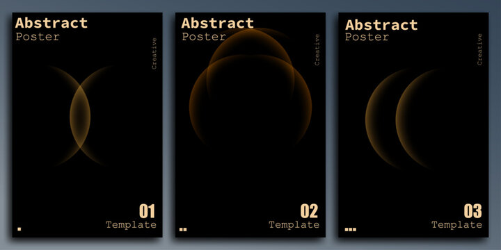 Template set of dark abstract posters with elegant golden glowing curved arc patterns.