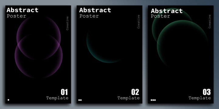 Minimalist dark poster templates with abstract glowing purple circular ring structures.