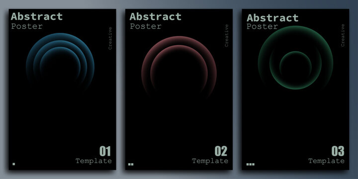 Minimalist abstract poster set featuring glowing circular neon rings on black backgrounds.