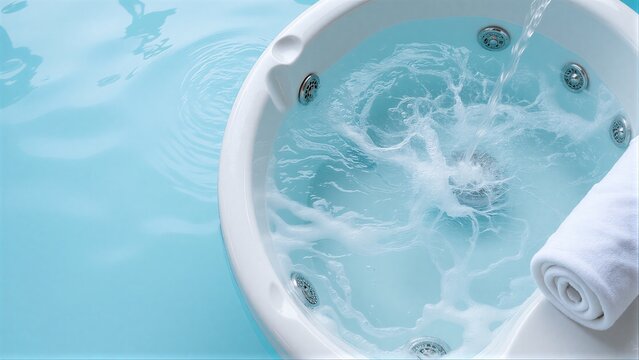 Relaxing hot tub with bubbling water and a rolled towel nearby.