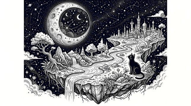 Whimsical fantasy landscape with floating island and black cat