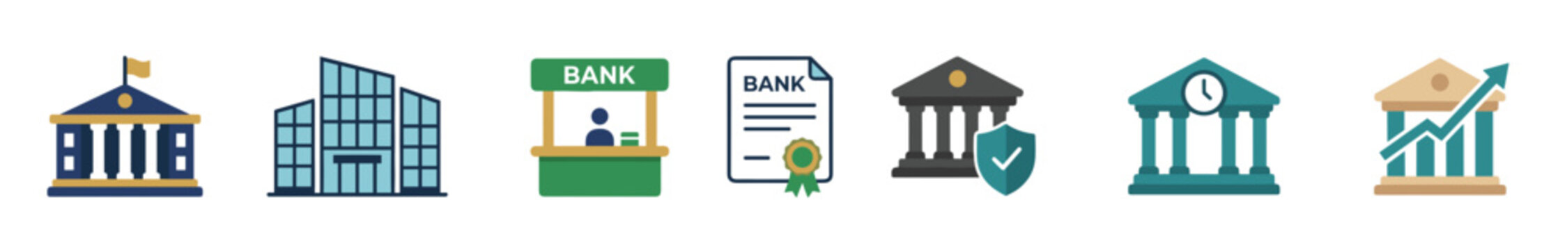 Banking symbols showcase a thematic set of colored icons representing monetary growth, architectural stability, and fiscal documentation.