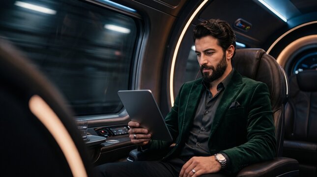 Man in a luxurious hyperloop cabin using a digital tablet
