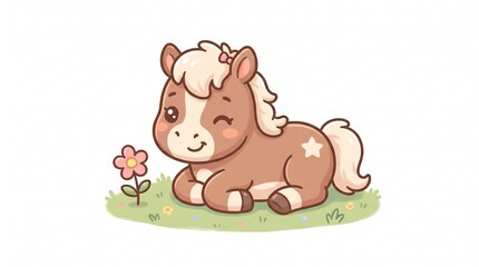 Fototapeta premium Cute Chibi Brown Pony Lying on Grass Winking with Star Mark