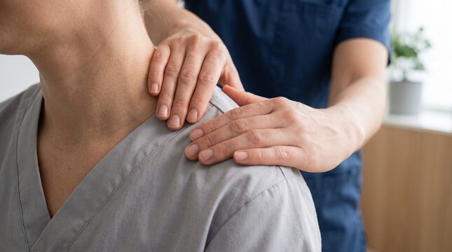 Professional physical therapist massaging patient shoulders in clinic