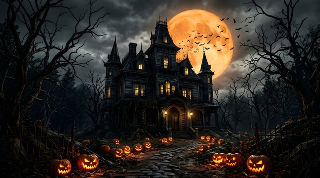 Spooky haunted house with jackolanterns and a giant orange moon