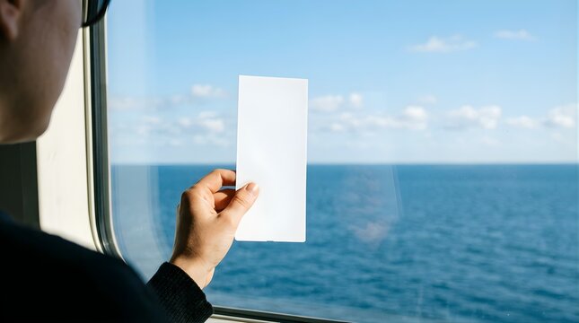 Passenger holding a blank white ticket against a scenic ocean train window