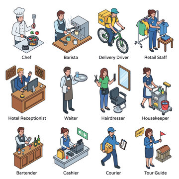 Isometric characters of professional service workers and employees