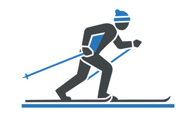 Fototapeta premium Minimalist silhouette of a cross-country skier in a gliding pose with blue and gray color blocks on white background. Winter sports concept