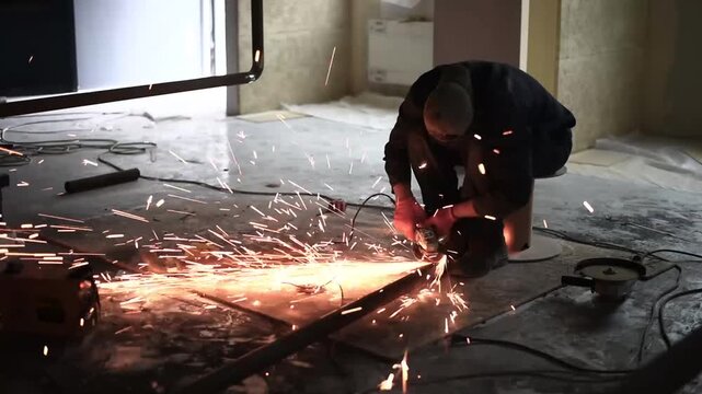 Worker using an angle grinder to cut metal, creating a brilliant stream of glowing sparks flying across the floor of construction