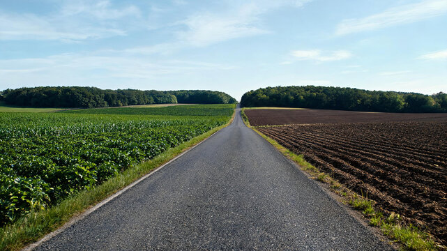 A straight rural asphalt road runs between two farm fields, leading to dense forests under a clear blue sky.