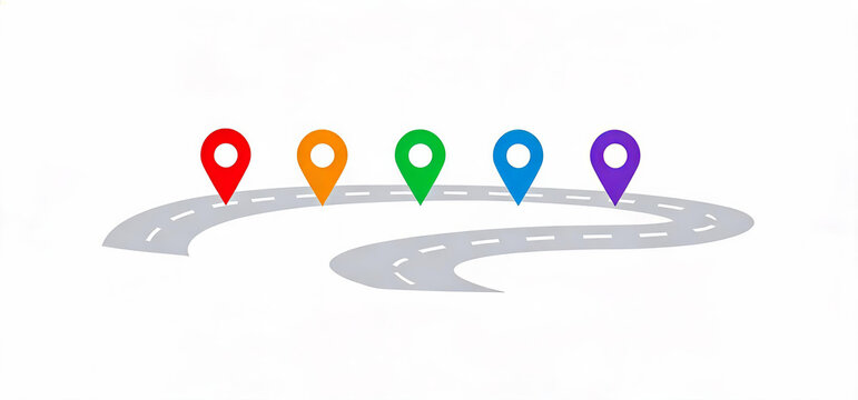 A curved gray road with white dashed lines has five colorful location markers placed along its length, representing a travel or navigation route.
