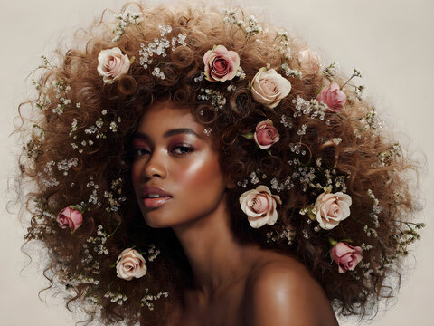 Beautiful portrait of a woman with voluminous curly hair adorned with fresh roses and wildflowers