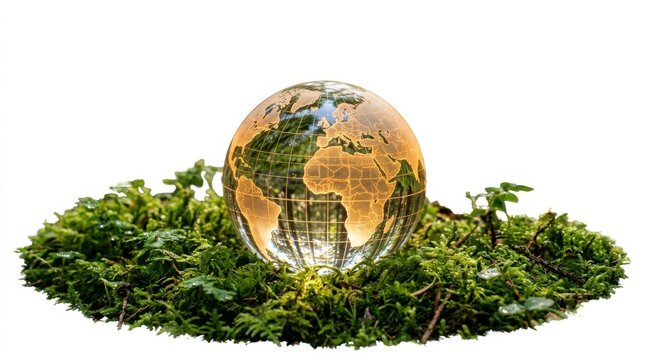 Glass globe of the earth resting on a bed of green moss isolated on white background
