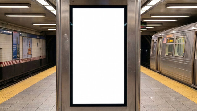 Blank digital advertising screen mockup on a subway platform next to a train