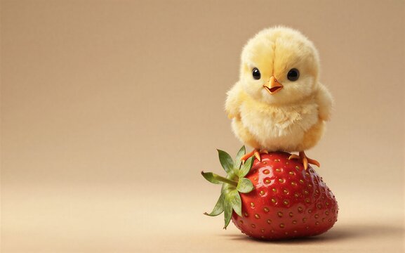 Adorable chick perches atop a vibrant red strawberry against soft beige background.