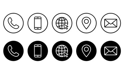 Set of ten black and white contact icons for business cards websites and digital communication use © HB