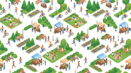 Fototapeta premium Isometric city park pattern with people walking cycling and having picnics in a green public recreation area vector illustration