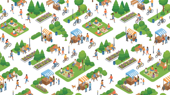 Isometric city park pattern with people walking cycling and having picnics in a green public recreation area vector illustration