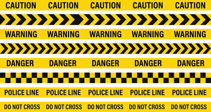 Set of yellow and black hazard warning tapes with caution danger and police line text in flat vector style