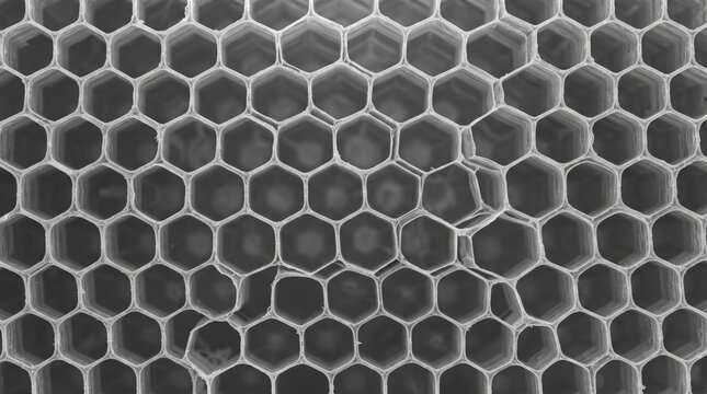 Microscopic wide shot of soft balsa wood fibers displaying hexagonal airy chambers in bright light