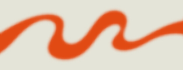 Fototapeta na wymiar Orange halftone dotted pattern for overlay background. Dots gradient in wavy curve shape. Minimalist curved dotted line, liquid design. Monochrome halftone backdrop. Vector graphic background.