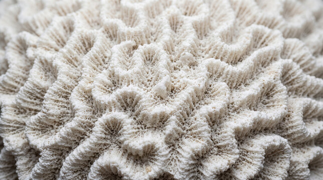 Zoomed look at a dry white brain coral skeleton revealing complex winding valley ridges