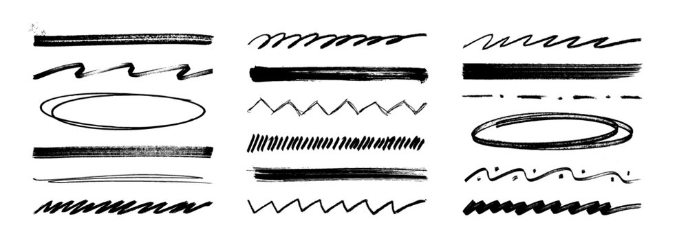 Isolated hand drawn grunge set which includes brush strokes, underlines, marker streaks, highlights, circles, wave lines and zigzag lines. Vector graphic box - scribble, highlights and underlines. 