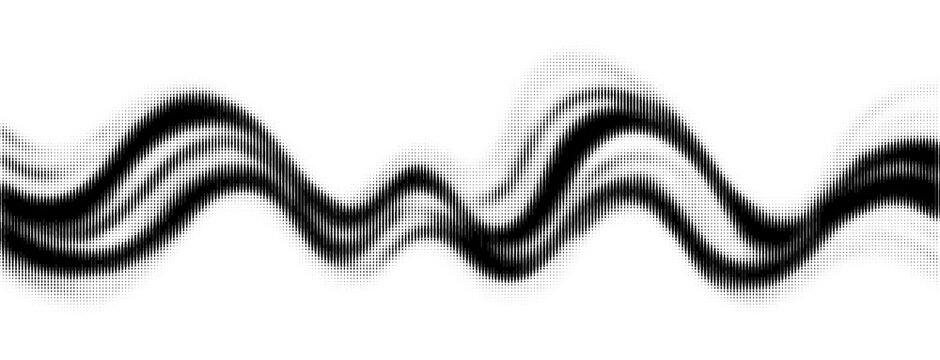 Abstract monochrome halftone wave with vertical lines. Geometric gradient in dynamic wavy flow for background. Dynamic halftone wave, digital audio equalizer, flow line, frequency sound. Vector.