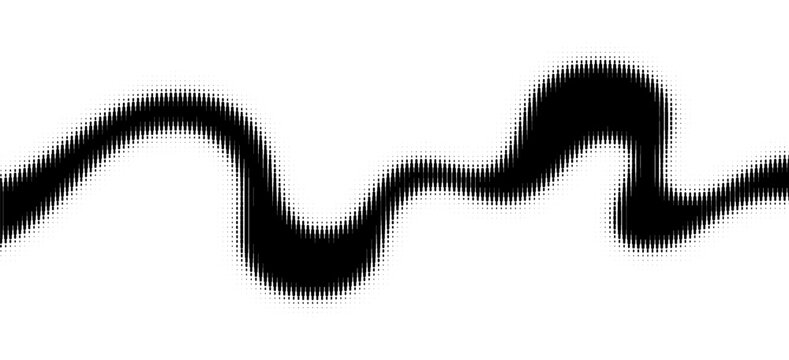 Dynamic halftone wave pattern with vertical lines. Geometric gradient design in curved dynamic flow isolated on white backdrop. Halftone dotted minimalist pattern for backdrop, overlay. Vector graphic
