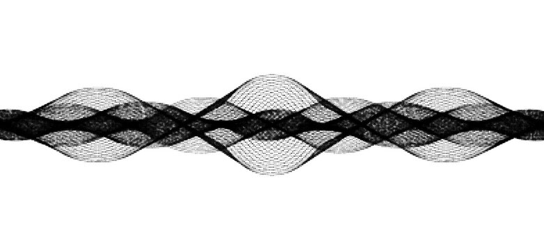 Abstract black halftone dot wave pattern background. Dynamic black halftone dots form flowing waves, ripples and optical textures across a white background. Halftone dotted equalizer. Vector backdrop.