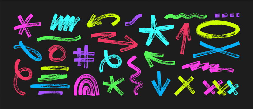 Colorful hand drawn doodle shapes in a playful style. Abstract shapes, bold grunge sign, symbols and scribbles - stars, arrows, waves, x, loops. Creative graffiti and children's colleges, Vector set.