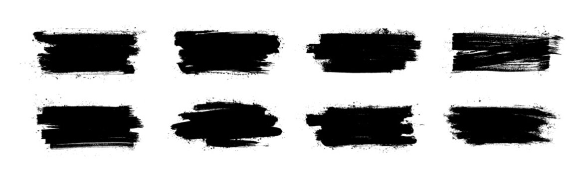Ink brush strokes template with splatter. Hand drawn grunge brush stroke swatches with dirty stains, drops and blots. Dirty artistic design elements for text, design. Vector paint brushes