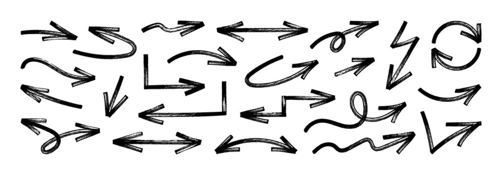 Vector collection of creative arrows in straight, curved, looping, circular, and angled styles. Bold arrows graphic set. Charcoal pointers and direction symbols collection for design, vector graphic 