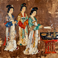 Obraz premium Thick texture oil painting of three ancient Tang-dynasty ladies with incense table indoors