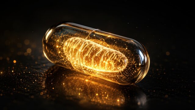 NAD Capsule Transparent Supplement Pill with Glowing Mitochondria and Golden Energy Particles on Dark Background