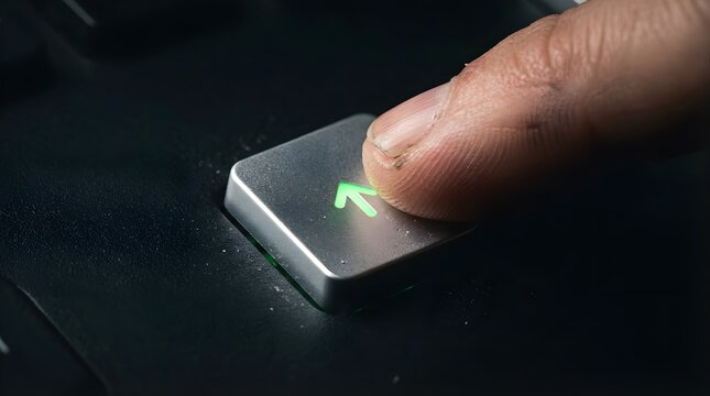 Finger pressing a glowing green arrow key on a black computer keyboard