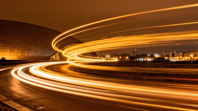 Long exposure night photo showing golden light trails from moving vehicles near a modern domed building and city skyline