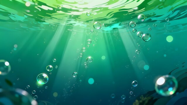 Sunlight beams penetrate clear green-blue ocean water illuminating rising bubbles and underwater flora near the surface