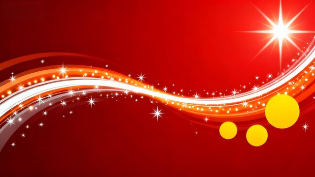 Red abstract background with flowing white and orange wave sparkling stars and yellow circles featuring a bright starburst in the upper right corner.