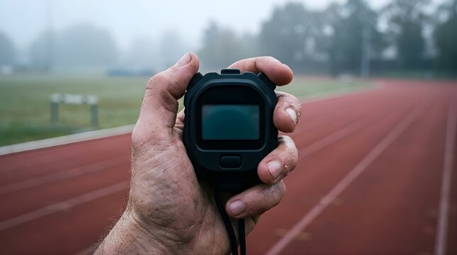 Hand holding a digital stopwatch on a running track during morning training