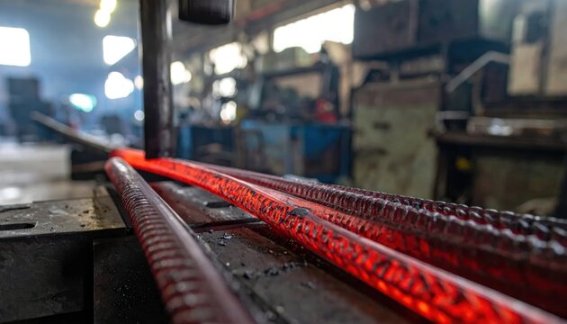 Intense Red Hot Metal Rods Being Forged in Industrial Workshop