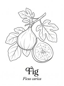 Coloring page of a vintage fig with sliced interior botanical illustration style