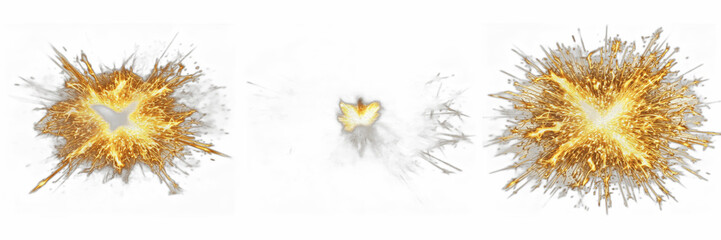 Obraz premium Golden Explosions and Bright Fire Sparks Isolated on White Background, Action and Blast PNG Stock Graphic for Special Effects, Gaming, and Explosion Designs