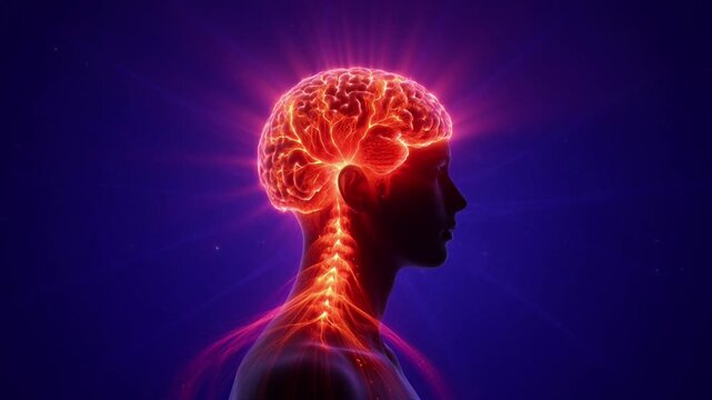 Glowing Human Brain And Neural Network With Bright Energy Pulses In Dark Space For Medical Science video clip