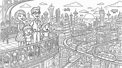 Fototapeta premium Black and White Coloring Page of a Stylized Family on a Balcony Overlooking a Futuristic Cityscape with Monorails and Flying Vehicles, Outline Illustration for Kids