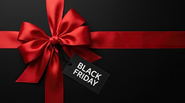 Elegant black friday gift box wrapped with a vibrant red silk ribbon and a decorative sale tag attached